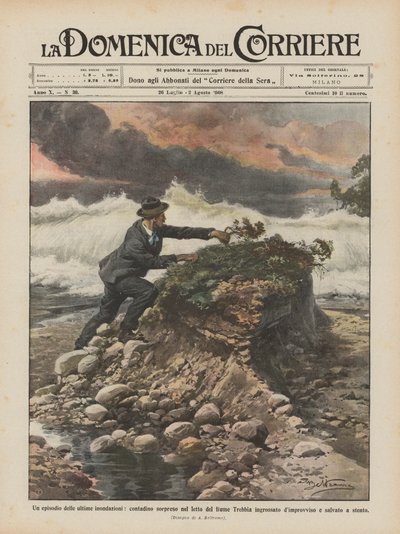 Un episodio de las últimas inundaciones, campesino sorprendido en el lecho del río Trebbia crecido de Achille Beltrame