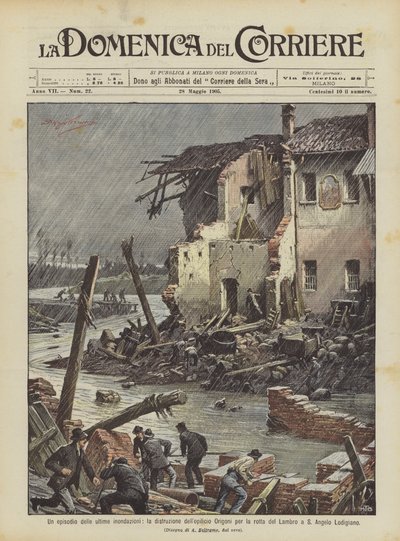Un episodio de las últimas inundaciones, la destrucción de la fábrica Origoni por la ruptura del Lambro de Achille Beltrame