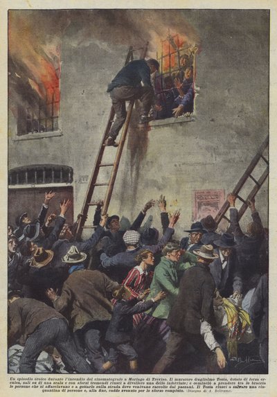 Un episodio heroico durante el incendio del cine en Moriago di Treviso de Achille Beltrame