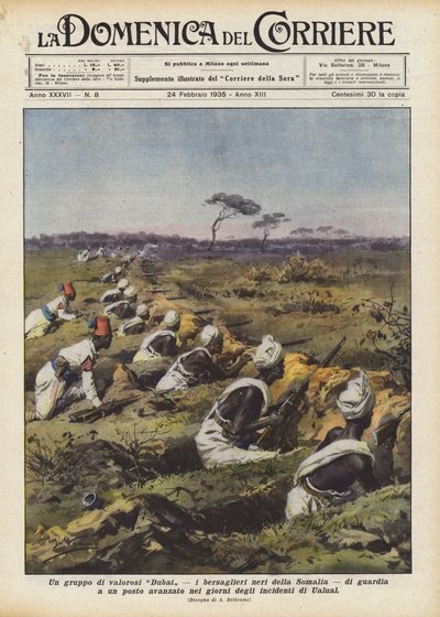 Un grupo de valientes Dubat, los bersaglieri negros de Somalia, de guardia en un puesto avanzado de Achille Beltrame