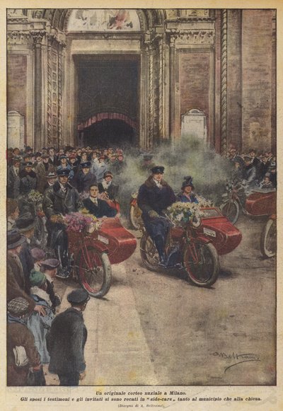 Un original cortejo nupcial en Milán (litografía en color) de Achille Beltrame