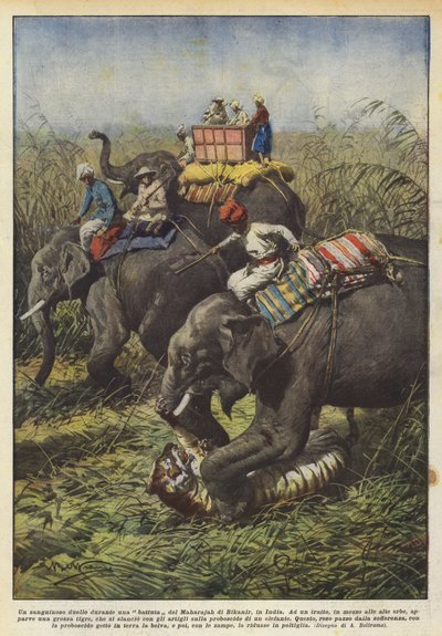 Un sangriento duelo durante una cacería del Maharajá de Bikanir, en India de Achille Beltrame