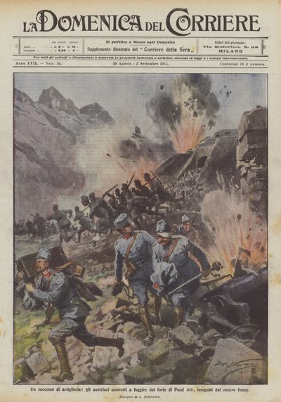 Un éxito de artillería, los austriacos obligados a huir del fuerte de Pozzi Alti, perseguidos por nuestro fuego de Achille Beltrame