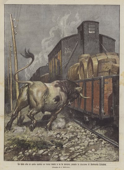 Un toro que se lanza contra un tren de carga y lo desvía, cerca de la estación de Belmonte Calabro de Achille Beltrame