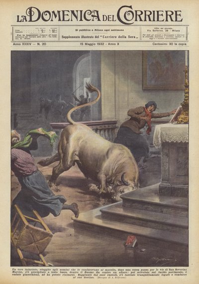 Un toro enfurecido, escapado de los hombres que lo llevaban al matadero, después de una loca carrera por... de Achille Beltrame