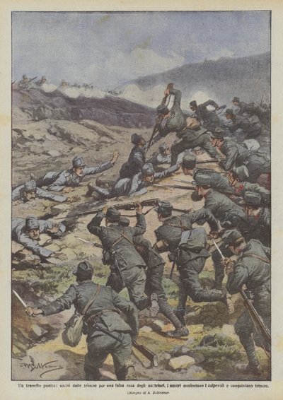Una trampa castigada, salidos de las trincheras por una falsa rendición de los austriacos, los nuestros aunienfano de Achille Beltrame