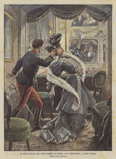 Un oficial francés que mata a un artista por celos en un café-concierto en Niort (Francia) de Achille Beltrame