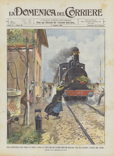 Una guardabarrera que detiene un tren en la línea Milán-Varese para salvar a su hija caída en un pozo de Achille Beltrame