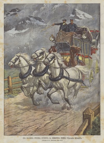 Una diligencia suiza atrapada por una tormenta repentina en la Alta Engadina de Achille Beltrame