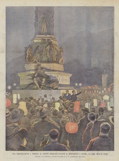 Una manifestación en Trento, el cortejo popular frente al monumento a Dante, la noche del 11 de Achille Beltrame