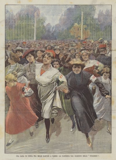 Una carrera entre mil costureras en París, la salida del Jardín de las Tullerías de Achille Beltrame