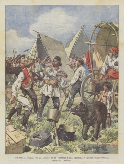 Una verdadera batalla entre los habitantes de un pueblo y una caravana de gitanos, cerca de Colonia de Achille Beltrame