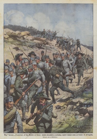 Una caza de austriacos, en San Michele en el Carso, enemigos rodeados por cientos de Achille Beltrame