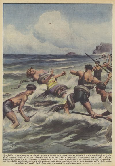 Una bella dama americana, que se encontraba en los baños en la costa de California, fue envuelta de Achille Beltrame