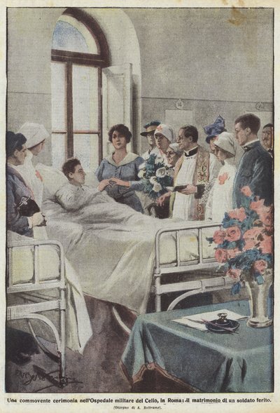 Una conmovedora ceremonia en el Hospital Militar del Celio, en Roma, el matrimonio de un soldado herido de Achille Beltrame