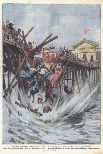 Una multitud de niños y jovencitas, mientras esperaban la apertura de un establecimiento de baños de Achille Beltrame