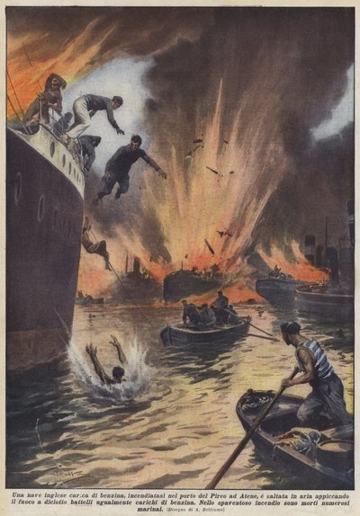 Un barco inglés cargado de gasolina, incendiado en el puerto del Pireo en Atenas, explotó de Achille Beltrame