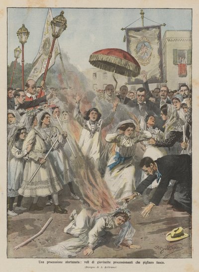 Una procesión desafortunada, velos de jovencitas en procesión que se incendian de Achille Beltrame