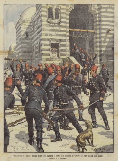 Una revuelta en Trípoli, soldados turcos que arrojan las armas y se niegan a servir por no haber sido pagados de Achille Beltrame