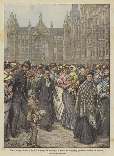 Una extraña procesión en Londres, las esposas de los desempleados se dirigen al Parlamento para ser recibidas por los ministros de Achille Beltrame