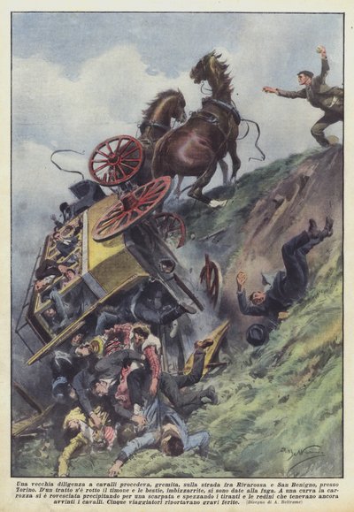 Una vieja diligencia a caballo avanzaba, llena, en la carretera entre Rivarossa y San Benigno, cerca de Turín de Achille Beltrame