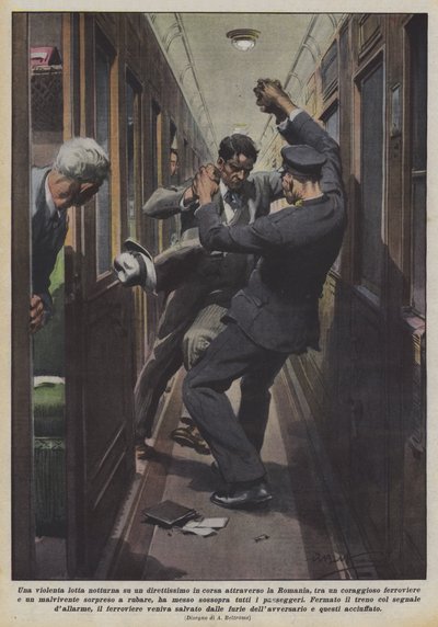 Una violenta lucha nocturna en un tren expreso en marcha a través de Rumanía, entre un valiente de Achille Beltrame