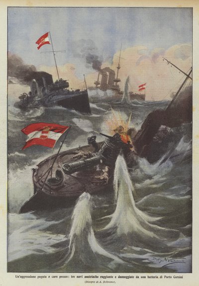 Una agresión pagada a caro precio, tres barcos austriacos alcanzados y dañados por una batería de Porto Corsini de Achille Beltrame