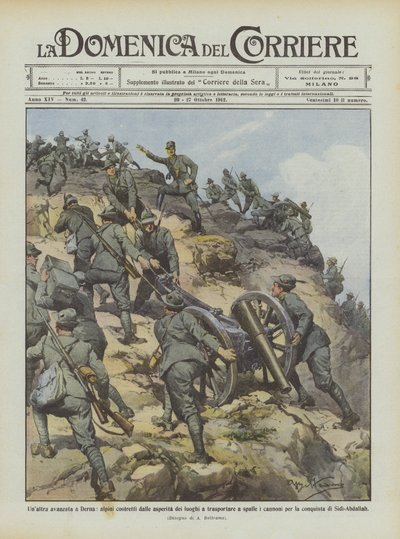 Otro avance en Derna, alpinos obligados por la aspereza del terreno a transportar a hombros de Achille Beltrame