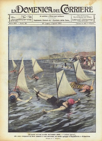 Una curiosa novedad del verano de 1920, los veleros humanos que han aparecido en buen número de Achille Beltrame