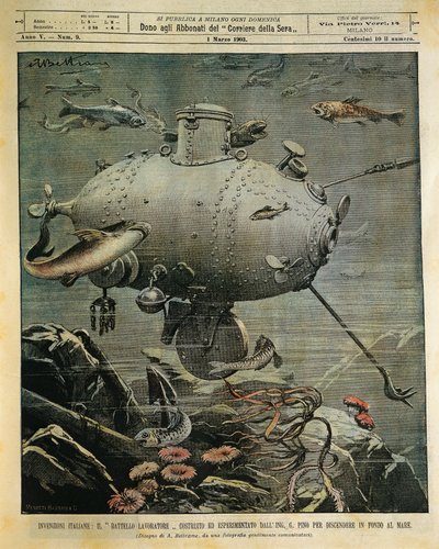 Nave submarina para explorar el fondo marino, ilustración de Achille Beltrame (1871-1945), de La Domenica del Corriere, 1 de marzo de Achille Beltrame
