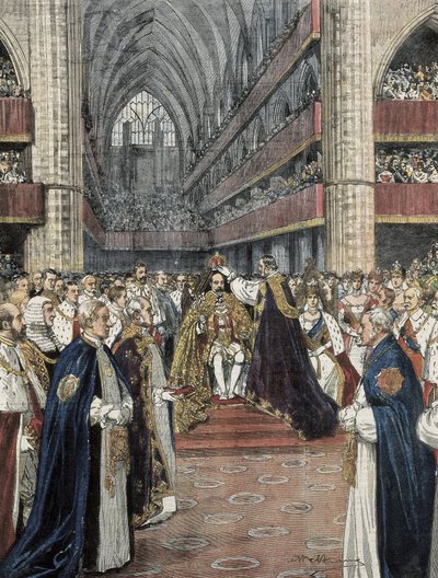 Reino Unido (1901). Coronación de Eduardo VII en la Abadía de Westminster. Ilustración de Achille Beltrame publicada en Domenica del Corriere. Grabado de Achille Beltrame