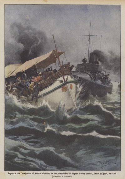 Vaporetto del Gran Canal de Venecia hundido por una torpedera en la laguna mientras regresaba de Achille Beltrame