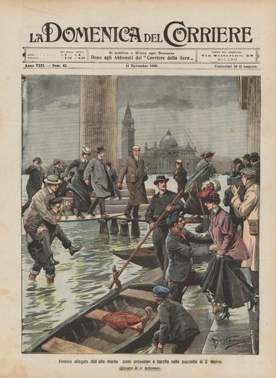 Venecia inundada por la marea alta, puentes provisionales y barcos en la plaza de San Marcos de Achille Beltrame