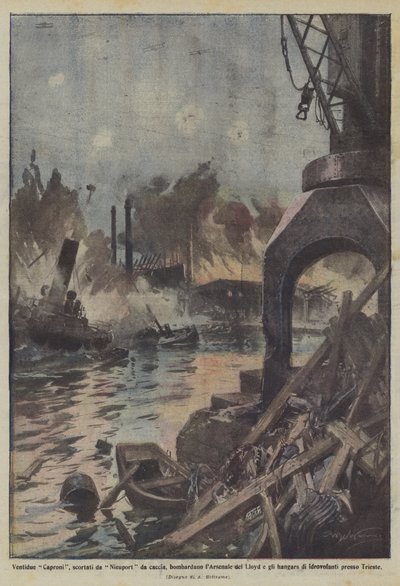 Veintidós Caproni, escoltados por Nieuport de caza, bombardean el Arsenal del Lloyd y los hangares de Achille Beltrame
