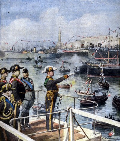 Visita de Benito Mussolini a Génova. El Duce saluda a la ciudad desde el puente Esperia (Ilustración de Beltrame, La Domenica del Corriere, 6/06/1926) de Achille Beltrame