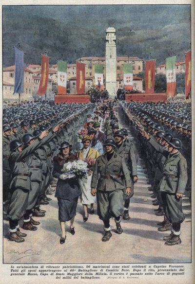 Ceremonia de boda de miembros de camisas negras (camicie nere) en Caprino Veronese en Venecia. Ilustración de Achille Beltrame en “La domenica del corriere” del 10/10/1937. de Achille Beltrame