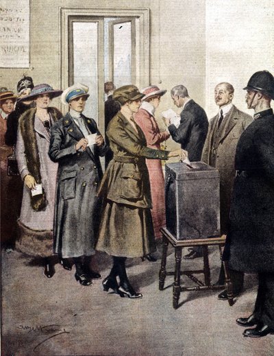 Las mujeres votaron por primera vez en Inglaterra. 1919. Ilustración de A. Beltrame. La Domenica del Corriere de Achille Beltrame