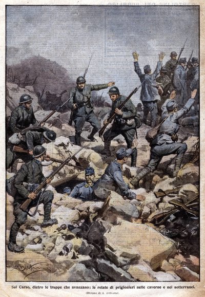 Primera Guerra Mundial: frente italiano en la meseta del Carso (Trentino) y prisioneros en el subsuelo. “Domenica del Corriere”. 07/1917 (litografía) de Achille Beltrame