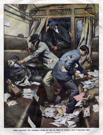 Bandidos asaltan un tren postal entre Nápoles y Avellino en 1910. Ilustración de Achille Beltrame para la Domenica del Corriere de Achille Beltrame