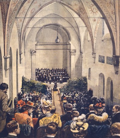 Ceremonia del Salón de Música Perosi en Milán, por Achille Beltrame, ilustración de portada de La Domenica del Corriere, 6 de mayo de 1900 de Achille Beltrame