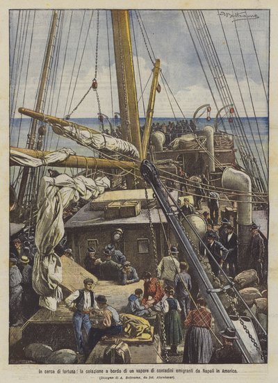En busca de fortuna, el desayuno a bordo de un vapor de campesinos emigrantes de Nápoles a América de Achille Beltrame