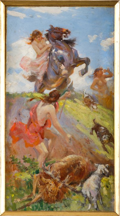 Amazonas cazando un ciervo (óleo sobre lienzo sobre cartón) de Achille Boschi