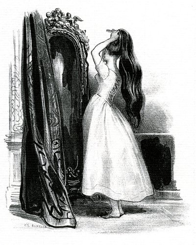 Madame Bovary, para la novela de Gustave Flaubert - Emma Bovary recoge su largo cabello frente a su espejo de Achille Devéria