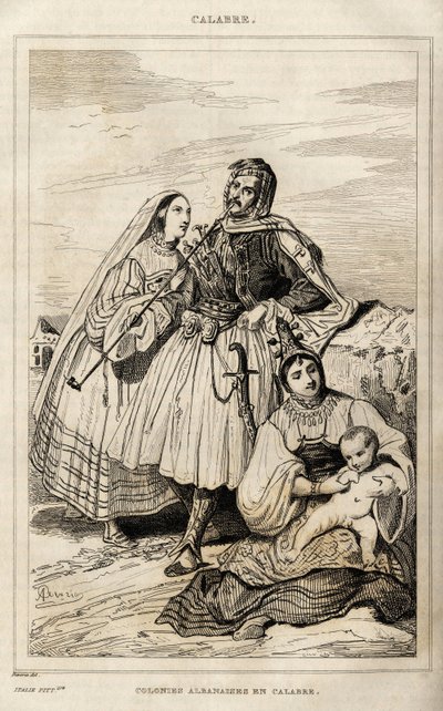 Una colonia albanesa en Calabria, grabado por Deveria, en “Italy picturesque””, editor Amable Coste, París de Achille Devéria