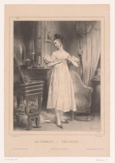 mujer joven, en, ella, resbalón La chemise / La camisa (título sobre objeto) Ropa de mujer (título de la serie) de Achille Devéria