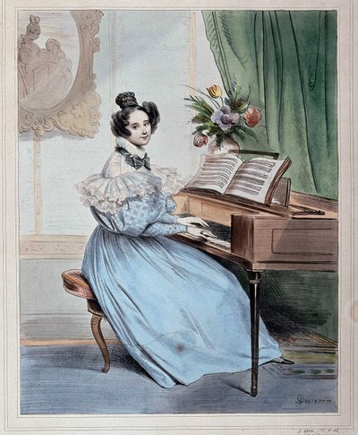 Las siete de la tarde, mujer en el pianoforte por Devéria, principios del siglo XIX de Achille Devéria