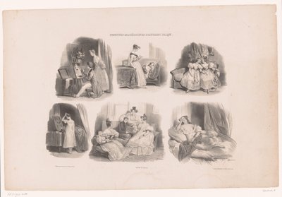 Seis actuaciones de mujeres jóvenes en un interior. Pequeñas y variadas escenas de Aubert (título de la serie) Petites macédoines d