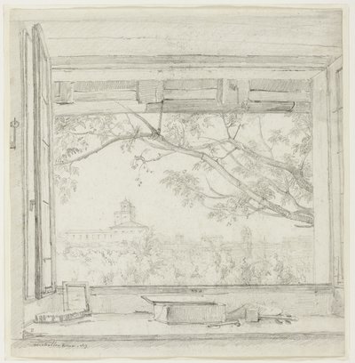 Vista de la Villa Médicis y Sta Trinità dei Monti desde el estudio de Ingres en el Pabellón San Gaetano, Roma de Achille Etna Michallon