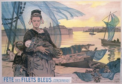 Póster que representa el Festival de Redes de Pesca Azul, Concarneau, Bretaña de Achille Granchi Taylor