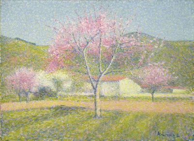 Un huerto en primavera, manzanos en flor, c.1920-29 (óleo sobre algodón) de Achille Lauge